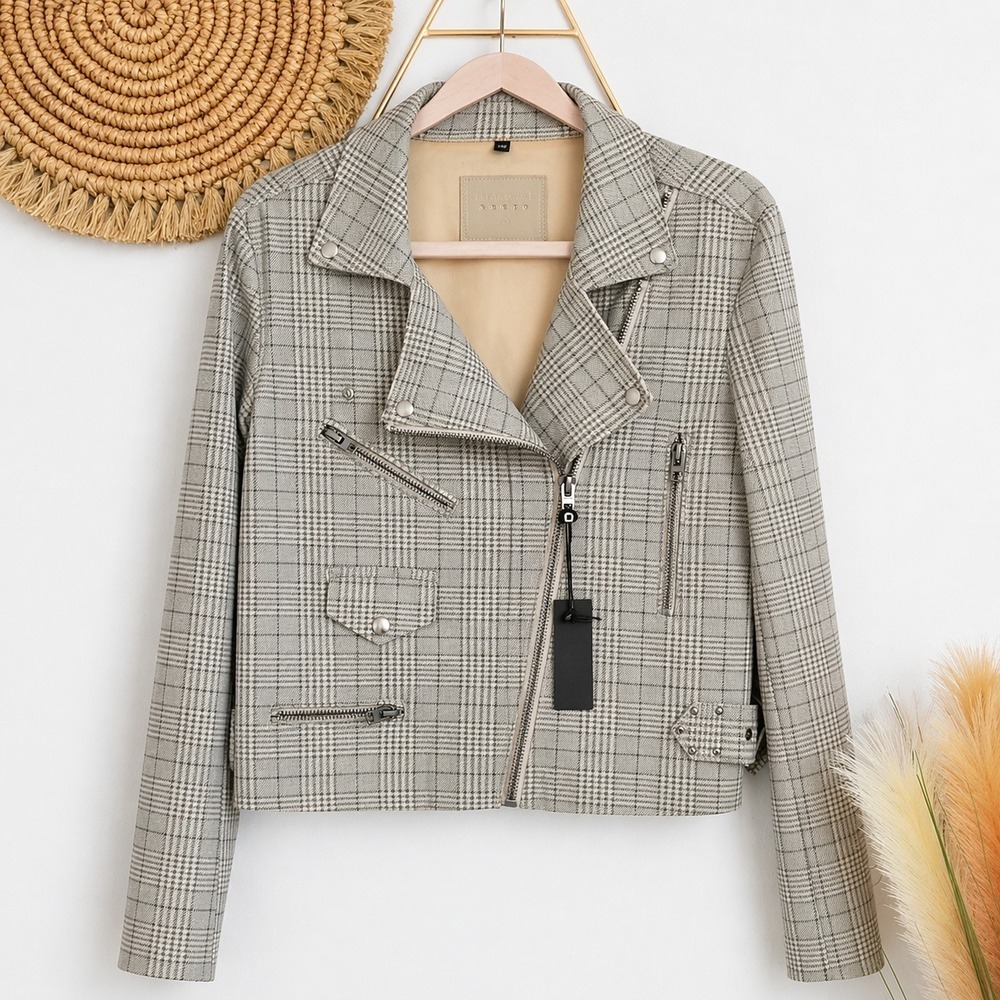 Revolve New Blank NYC Glen Neutral Plaid Moto Zip Front Jacket SZ Medium Boho - Picture 12 of 12